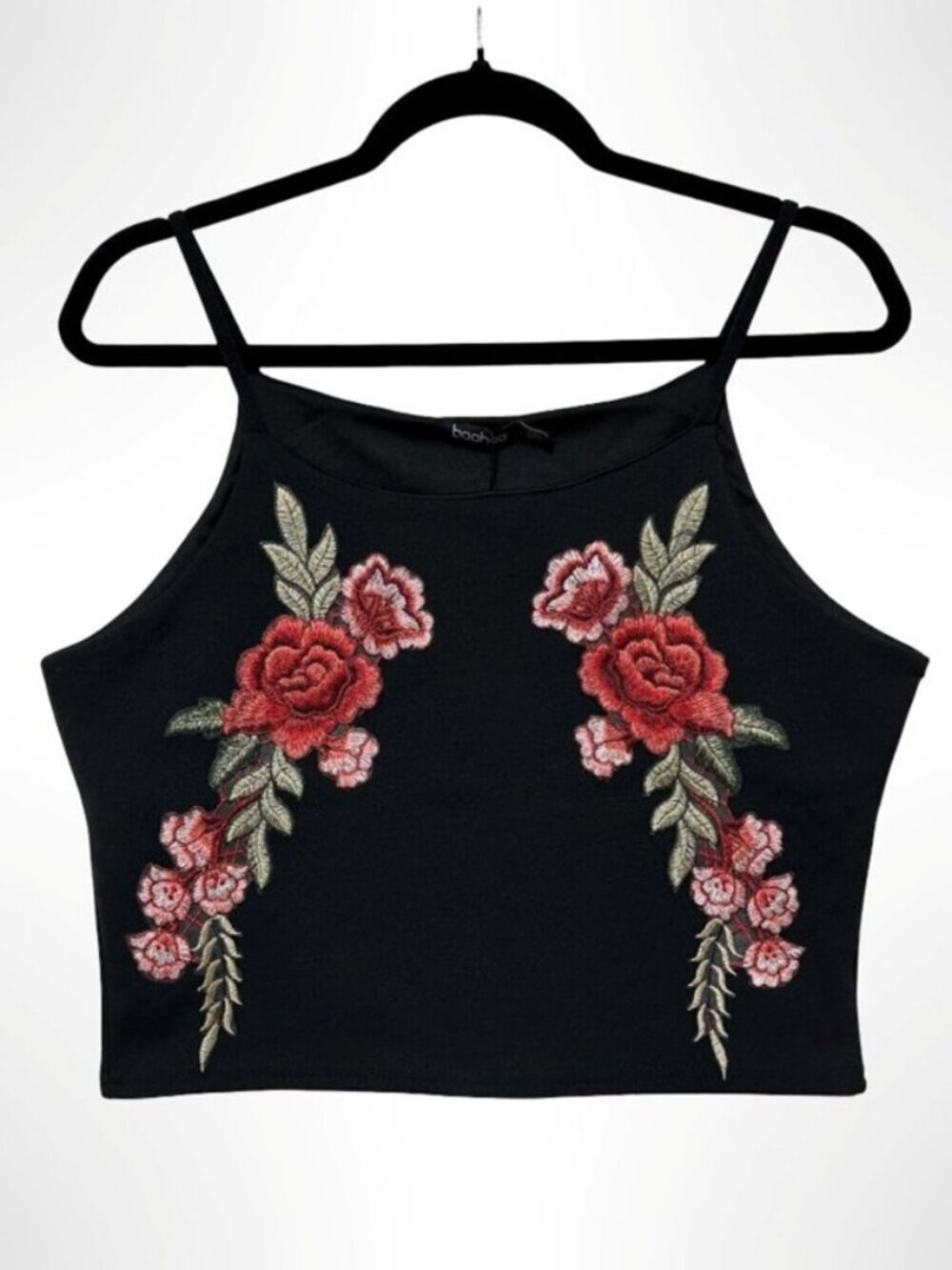 BOOHOO Isabelle Floral Embroidered Cami Crop Top Black Size 8 NWT